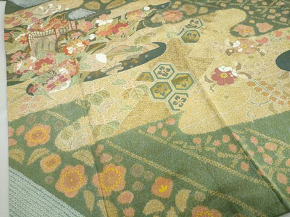 平和屋着物●京友禅の第一人者　松井青々　訪問着　駒刺繍　鴛鴦御所車草花文　金彩　正絹　逸品　DABD9183ud