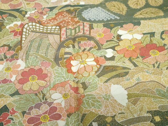 平和屋着物●京友禅の第一人者　松井青々　訪問着　駒刺繍　鴛鴦御所車草花文　金彩　正絹　逸品　DABD9183ud