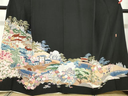 平和屋着物●豪華黒留袖　友禅　作家物　流水風景草花文　正絹　逸品　DABD9184ud