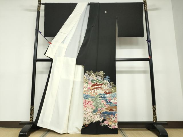 平和屋着物●豪華黒留袖　友禅　作家物　流水風景草花文　正絹　逸品　DABD9184ud