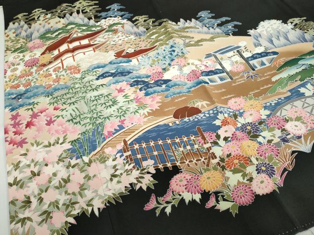 平和屋着物●豪華黒留袖　友禅　作家物　流水風景草花文　正絹　逸品　DABD9184ud