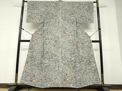 平和屋着物●上質な小紋　型染め　流水花蝶文　正絹　逸品　DABD9193ud