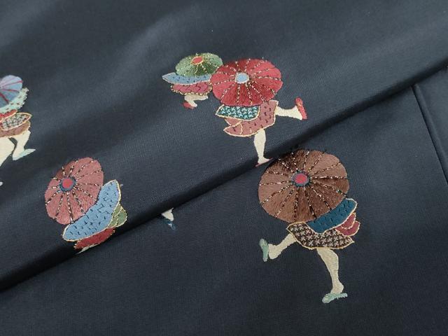 平和屋着物●本場縞大島紬　訪問着　総刺繍　人物文　金糸　正絹　逸品　DABD9194ud