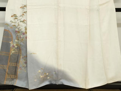平和屋着物●訪問着　刺繍　流水草花文　暈し染め　金彩　正絹　逸品　DABD9197ud