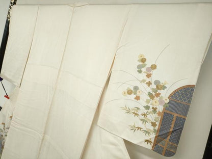 平和屋着物●訪問着　刺繍　流水草花文　暈し染め　金彩　正絹　逸品　DABD9197ud