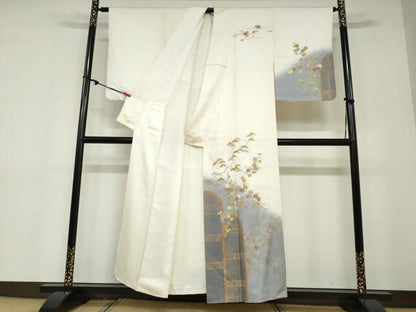平和屋着物●訪問着　刺繍　流水草花文　暈し染め　金彩　正絹　逸品　DABD9197ud