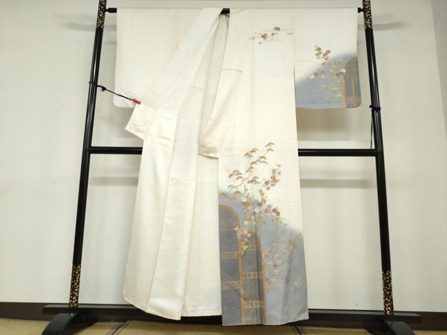 平和屋着物●訪問着　刺繍　流水草花文　暈し染め　金彩　正絹　逸品　DABD9197ud