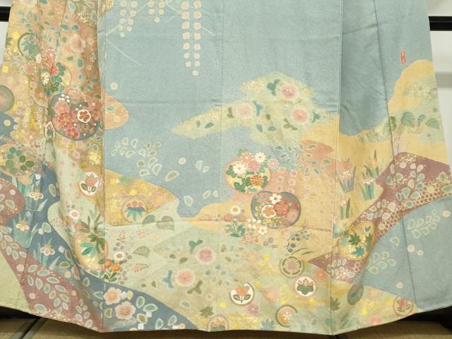 平和屋着物●訪問着　作家物　駒刺繍　流水草花丸文　金彩　正絹　逸品　未使用　DABD9214ud