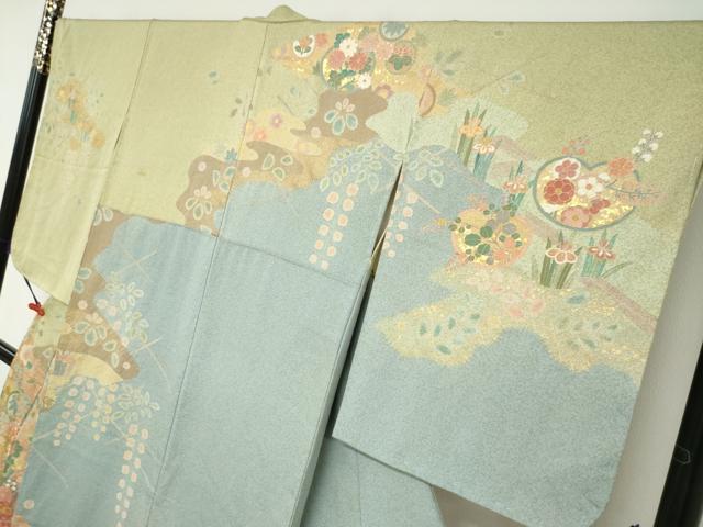 平和屋着物●訪問着　作家物　駒刺繍　流水草花丸文　金彩　正絹　逸品　未使用　DABD9214ud