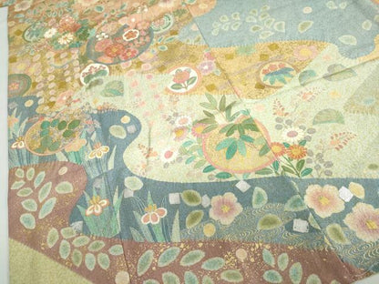 平和屋着物●訪問着　作家物　駒刺繍　流水草花丸文　金彩　正絹　逸品　未使用　DABD9214ud