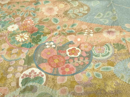 平和屋着物●訪問着　作家物　駒刺繍　流水草花丸文　金彩　正絹　逸品　未使用　DABD9214ud