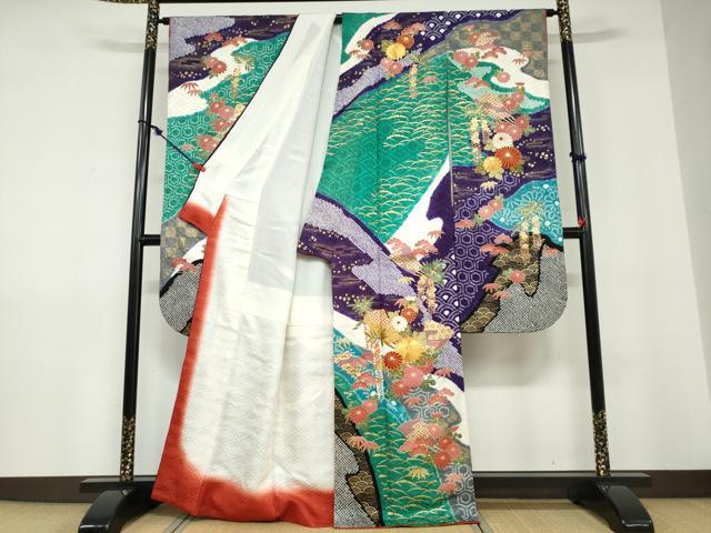 平和屋着物●豪華振袖　駒刺繍　絞り　扇面吉祥草花文　金彩　正絹　逸品　DABD9228ud