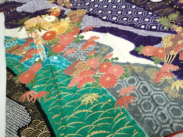 平和屋着物●豪華振袖　駒刺繍　絞り　扇面吉祥草花文　金彩　正絹　逸品　DABD9228ud