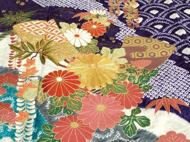 平和屋着物●豪華振袖　駒刺繍　絞り　扇面吉祥草花文　金彩　正絹　逸品　DABD9228ud