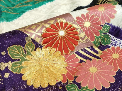 平和屋着物●豪華振袖　駒刺繍　絞り　扇面吉祥草花文　金彩　正絹　逸品　DABD9228ud
