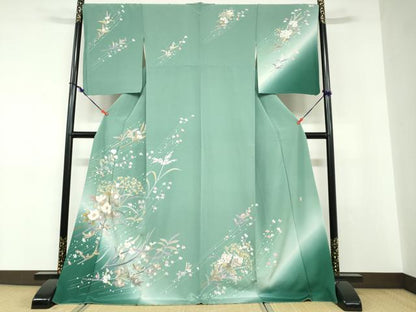 平和屋着物●訪問着　作家物　草花文　暈し染め　金彩　ロング丈　正絹　逸品　DABD9232ud