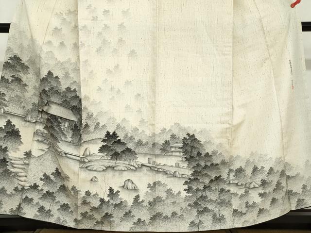 平和屋着物●訪問着　作家物　紬地　手描き　樹林風景文　正絹　逸品　DABD9235ud