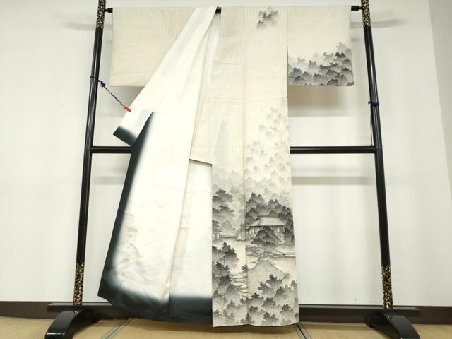 平和屋着物●訪問着　作家物　紬地　手描き　樹林風景文　正絹　逸品　DABD9235ud