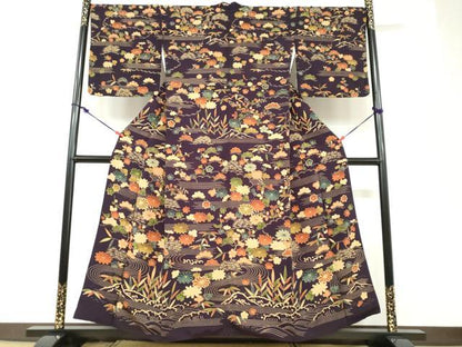 平和屋着物●訪問着　型染め　流水草花文　鬼しぼ縮緬　正絹　逸品　DABD9244ud