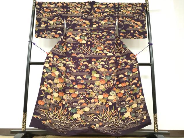 平和屋着物●訪問着　型染め　流水草花文　鬼しぼ縮緬　正絹　逸品　DABD9244ud