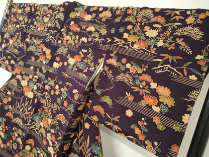 平和屋着物●訪問着　型染め　流水草花文　鬼しぼ縮緬　正絹　逸品　DABD9244ud