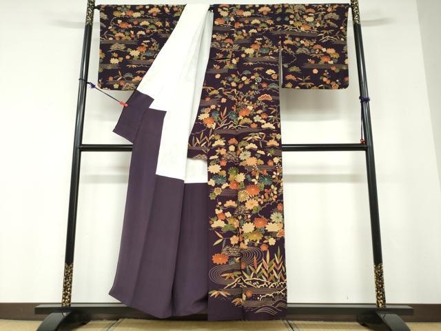 平和屋着物●訪問着　型染め　流水草花文　鬼しぼ縮緬　正絹　逸品　DABD9244ud