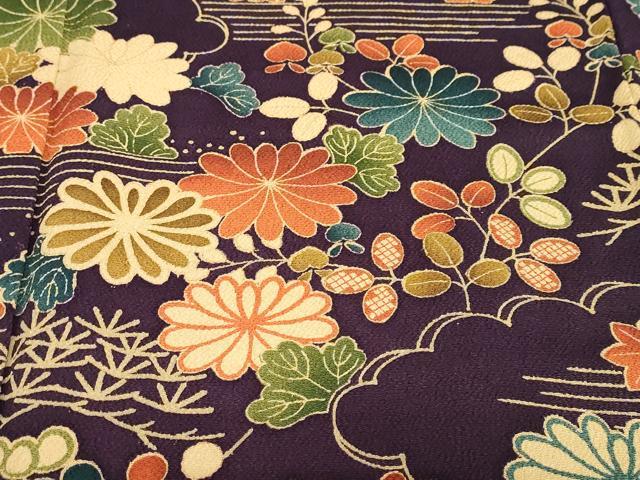 平和屋着物●訪問着　型染め　流水草花文　鬼しぼ縮緬　正絹　逸品　DABD9244ud