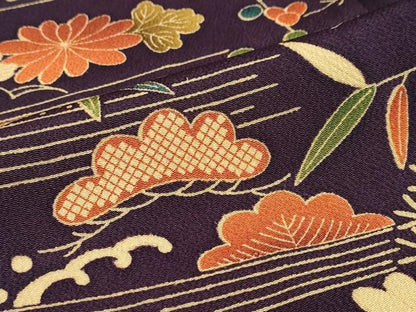 平和屋着物●訪問着　型染め　流水草花文　鬼しぼ縮緬　正絹　逸品　DABD9244ud