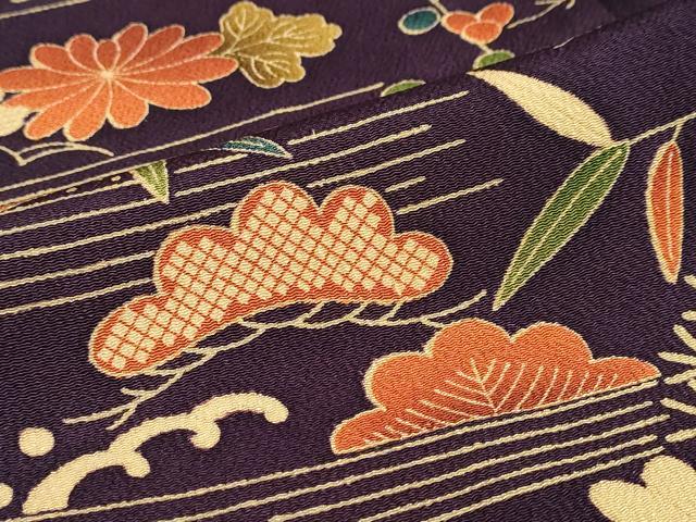 平和屋着物●訪問着　型染め　流水草花文　鬼しぼ縮緬　正絹　逸品　DABD9244ud