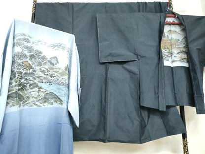 平和屋着物●男性 本場大島紬 アンサンブル 長羽織 長襦袢（無双仕立て）セット 80亀甲 総詰め キングサイズ 正絹 逸品 DABD9249ud