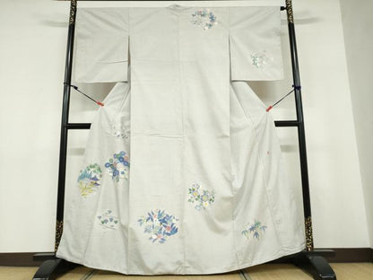 平和屋着物●本加賀友禅作家　毎田仁郎　訪問着　紬地　飛鳥草花文　正絹　逸品　未使用　DABD9256ud