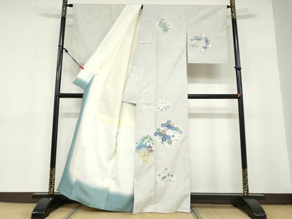平和屋着物●本加賀友禅作家　毎田仁郎　訪問着　紬地　飛鳥草花文　正絹　逸品　未使用　DABD9256ud