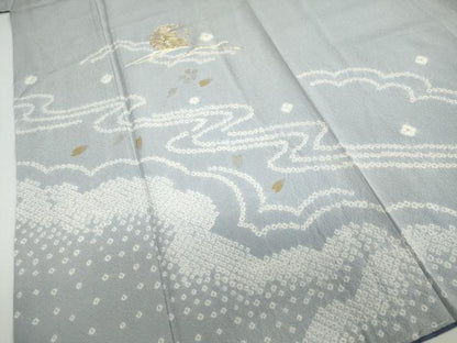 平和屋着物●訪問着　駒刺繍　絞り　流水舞桜文　跳兎　金彩　正絹　逸品　未使用　DABD9263ud