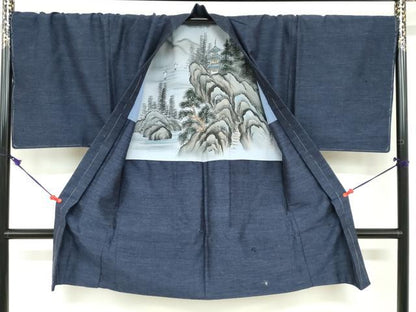 平和屋着物●男性　結城紬　アンサンブル　長羽織　杢　キングサイズ　正絹　逸品　未使用　DABD9271ud