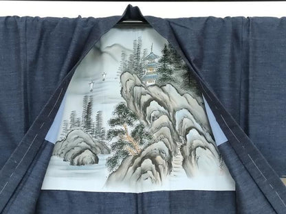平和屋着物●男性　結城紬　アンサンブル　長羽織　杢　キングサイズ　正絹　逸品　未使用　DABD9271ud