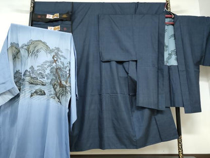 平和屋着物●男性 本場大島紬 アンサンブル 長羽織 長襦袢（無双仕立て）セット 100亀甲 総詰め 証紙付き 正絹 逸品 DABD9274ud