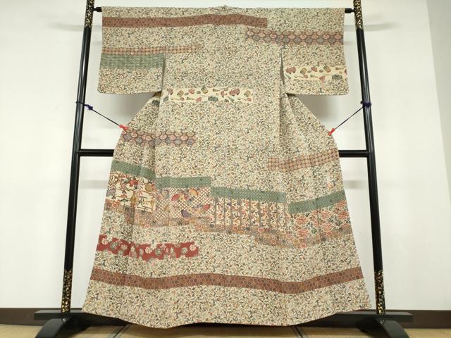 平和屋着物●訪問着　型染め　横段陶器草花文　鬼しぼ縮緬　正絹　逸品　DABD9278ud