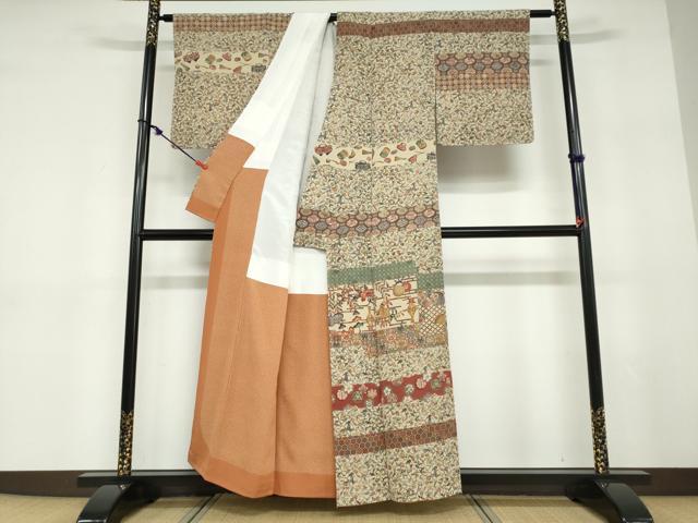 平和屋着物●訪問着　型染め　横段陶器草花文　鬼しぼ縮緬　正絹　逸品　DABD9278ud