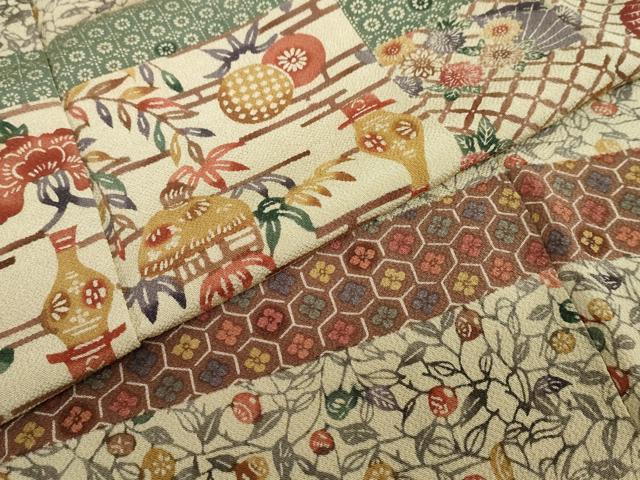 平和屋着物●訪問着　型染め　横段陶器草花文　鬼しぼ縮緬　正絹　逸品　DABD9278ud