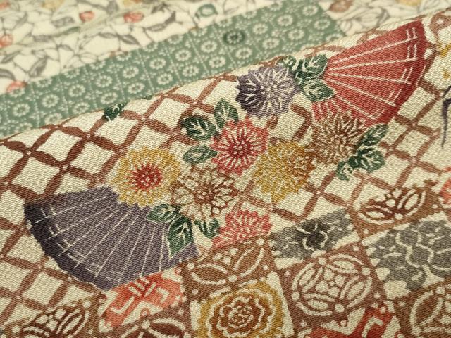 平和屋着物●訪問着　型染め　横段陶器草花文　鬼しぼ縮緬　正絹　逸品　DABD9278ud