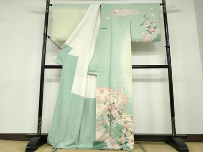 平和屋着物●訪問着　駒刺繍　流水鹿の子草花文　暈し染め　金銀彩　正絹　逸品　DABD9280ud