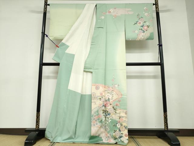 平和屋着物●訪問着　駒刺繍　流水鹿の子草花文　暈し染め　金銀彩　正絹　逸品　DABD9280ud