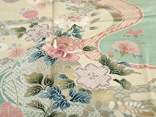 平和屋着物●訪問着　駒刺繍　流水鹿の子草花文　暈し染め　金銀彩　正絹　逸品　DABD9280ud