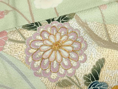 平和屋着物●訪問着　駒刺繍　流水鹿の子草花文　暈し染め　金銀彩　正絹　逸品　DABD9280ud