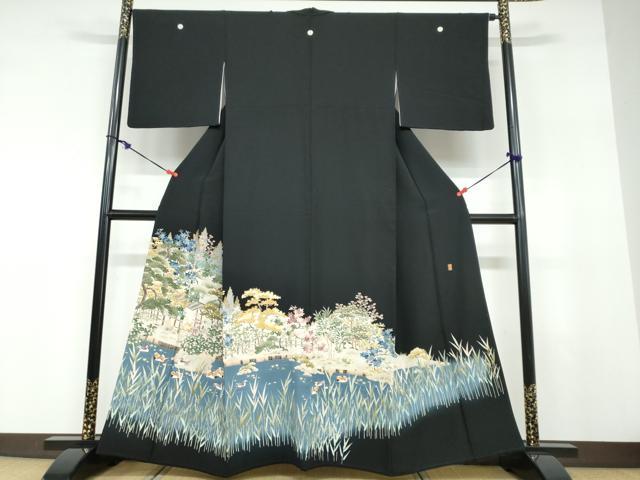 平和屋着物●本加賀友禅作家　柿本市郎　黒留袖　流水群れ鳥草花文　正絹　逸品　DABD9283ud