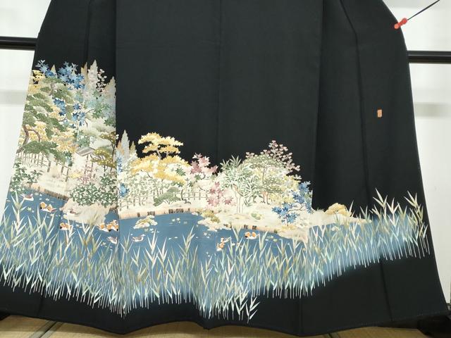 平和屋着物●本加賀友禅作家　柿本市郎　黒留袖　流水群れ鳥草花文　正絹　逸品　DABD9283ud