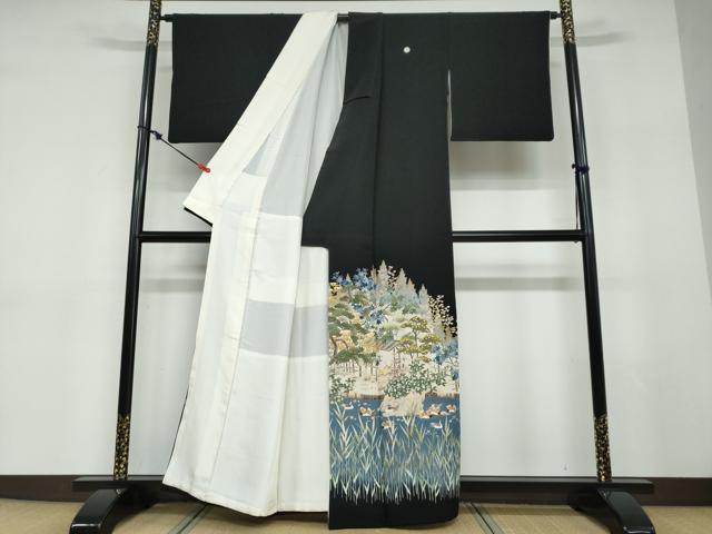 平和屋着物●本加賀友禅作家　柿本市郎　黒留袖　流水群れ鳥草花文　正絹　逸品　DABD9283ud