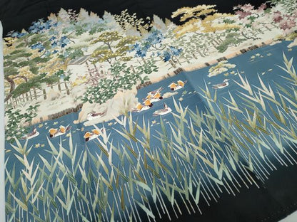 平和屋着物●本加賀友禅作家　柿本市郎　黒留袖　流水群れ鳥草花文　正絹　逸品　DABD9283ud