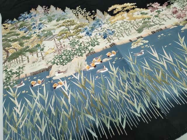 平和屋着物●本加賀友禅作家　柿本市郎　黒留袖　流水群れ鳥草花文　正絹　逸品　DABD9283ud
