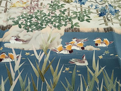平和屋着物●本加賀友禅作家　柿本市郎　黒留袖　流水群れ鳥草花文　正絹　逸品　DABD9283ud